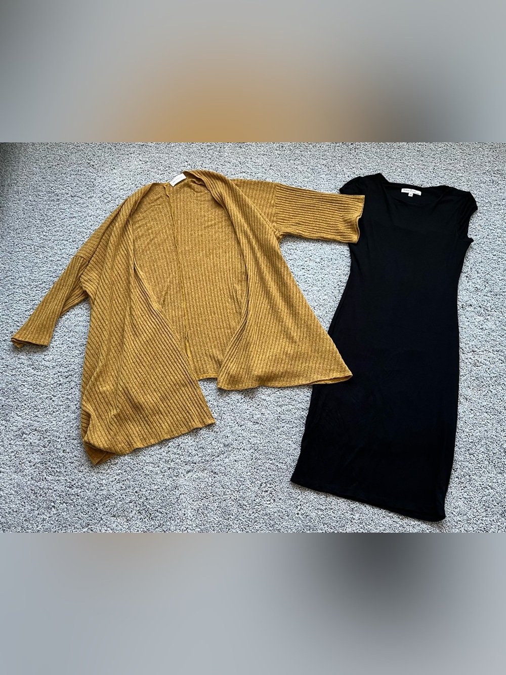 Velvet Torch Mustard Ribbed Open Cardigan and Black Dress Shown